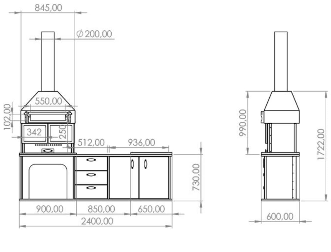 Fırınlı Tezgahlı Barbekü 2,4 m ölçülü çizim
