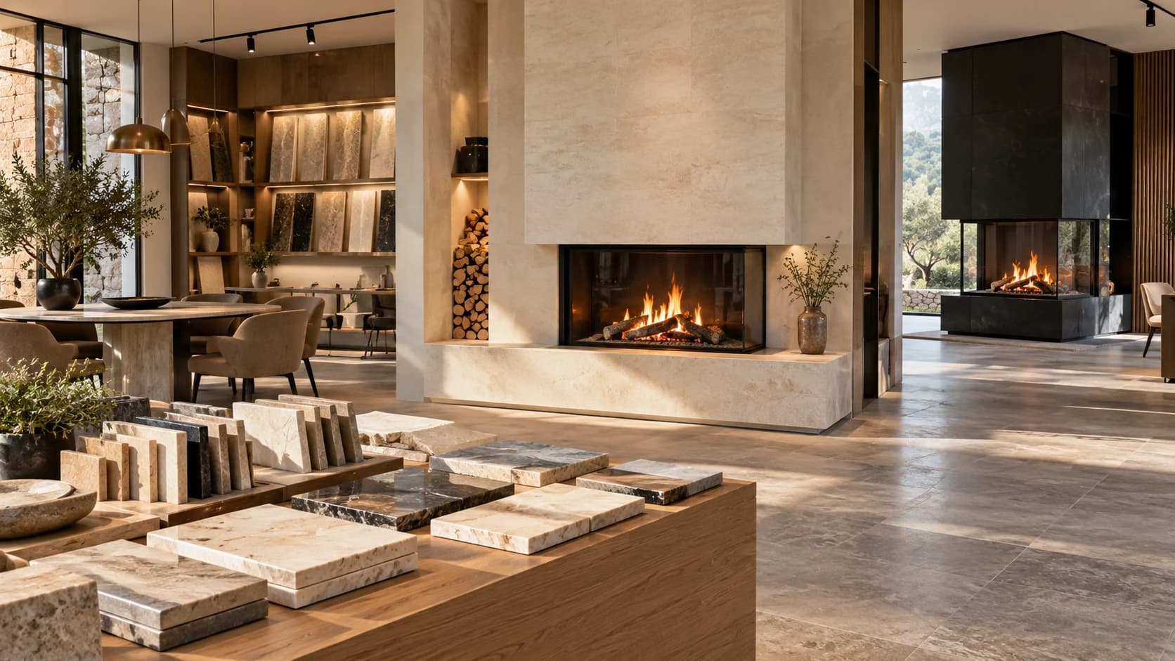 Model ve malzeme incelemeye yönelik temsili fabrika showroom konsepti.