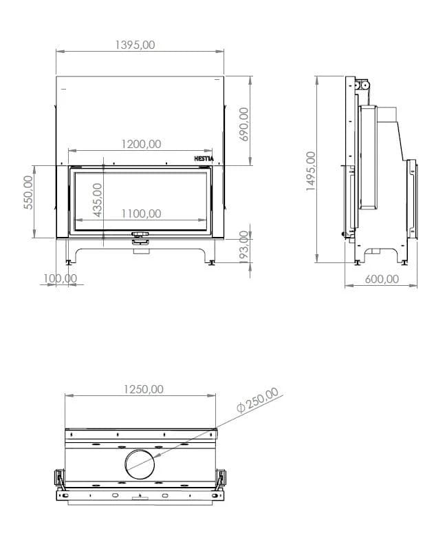 Çift Yönlü Şömine 120 × 55 — ölçü çizimi (BF-C-01-120X55)