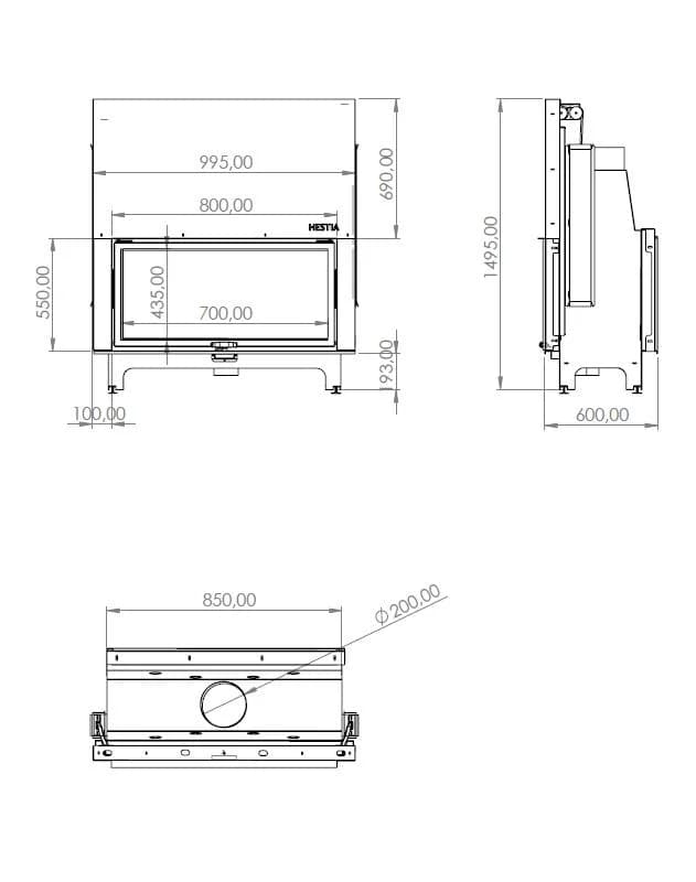 Çift Yönlü Şömine 80 × 55 — ölçü çizimi (BF-C-01-80X55)