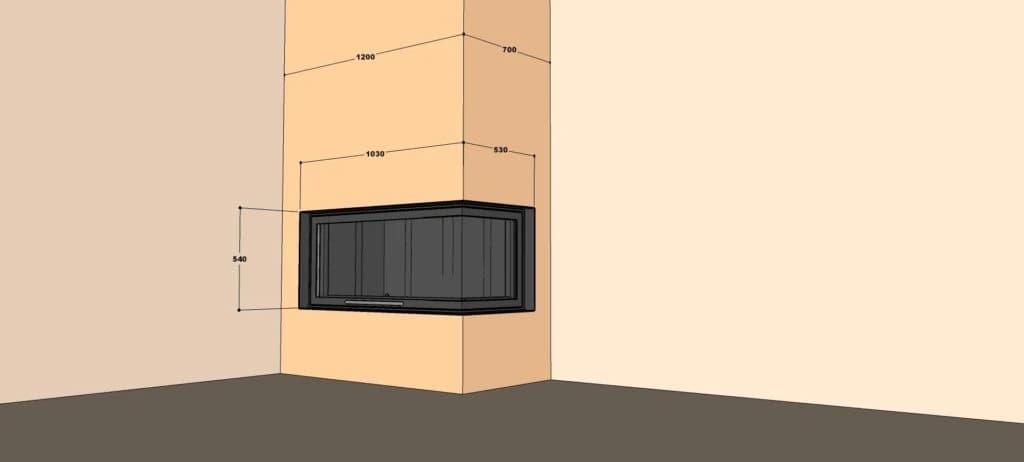 L Tipi Şömine 100'lük — ölçülü yerleşim örneği (BF-L-01-100)