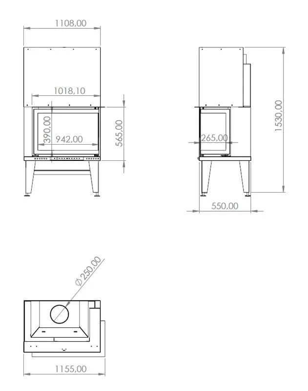 L Tipi Şömine 110'luk — ölçü çizimi (BF-L-02-110)