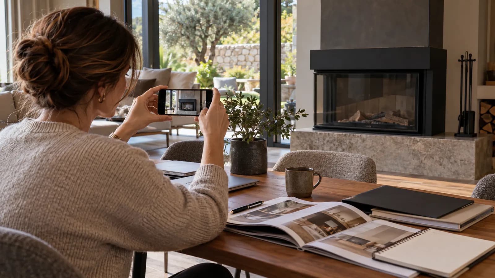 Masada açık duran şömine belge dosyası, yanında model etiketinin fotoğrafını gösteren bir telefon ve el yazısı notlar.