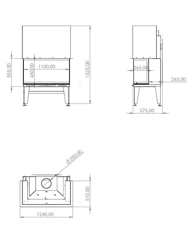 U Tipi Şömine 110'luk — ölçü çizimi (BF-U-02-110)