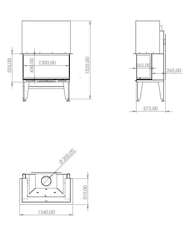 U Tipi Şömine 120'lik — ölçü çizimi (BF-U-02-120)