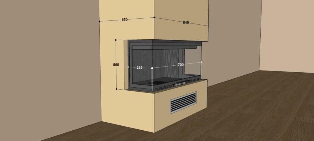 U Tipi Şömine 70'lik — ölçülü yerleşim örneği (BF-U-02-70)