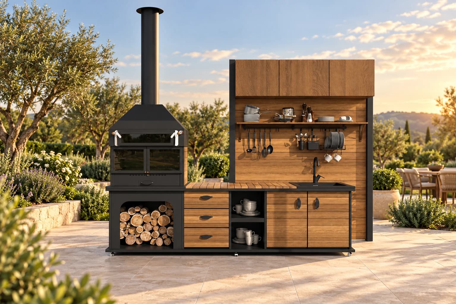 Üst dolaplı hazırlık tezgâhı ve fırın bölümüyle bahçe barbeküsü