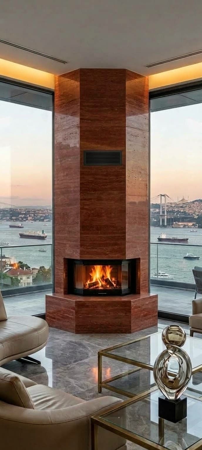 Prizma şömine – Traverten Ruby kaplamalı köşe şömine, Boğaz manzaralı modern salonda