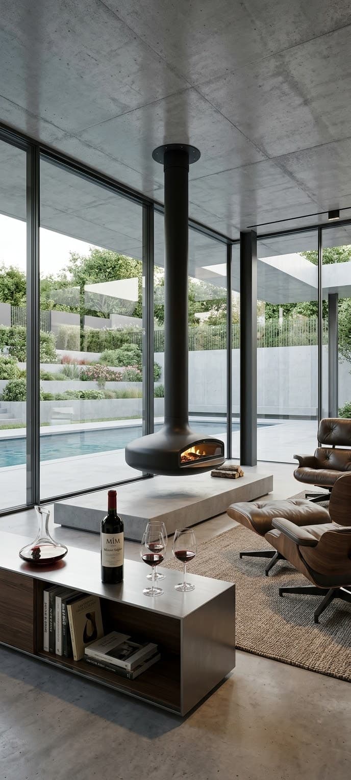 Modern villa salonunda mekânın merkezinde konumlanan odunlu orta şömine